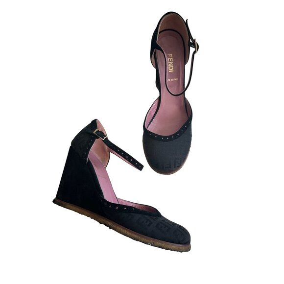 FENDI Black Vintage Logo Sandals Wedges Size 38 - Picture 2 of 14